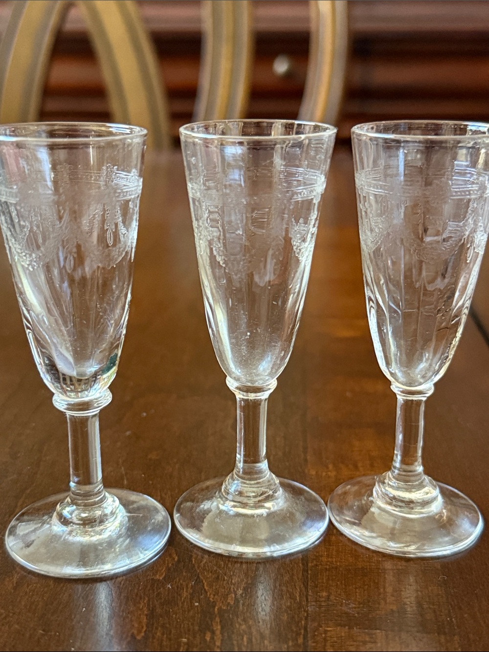 Vintage set of 3 etched clear optic glass cordials sherry port footed glasses